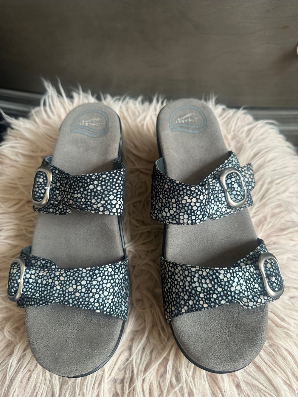 Dansko Women's Black and White Speckled Double-Buckle Slide Sandals